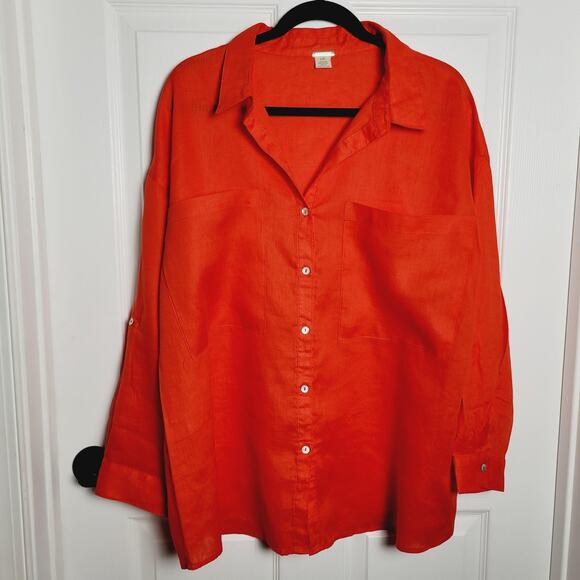 Magaschoni Tops - Magaschoni Shirt Top Womens Large Orange Linen Button Up Roll Tab Oversized